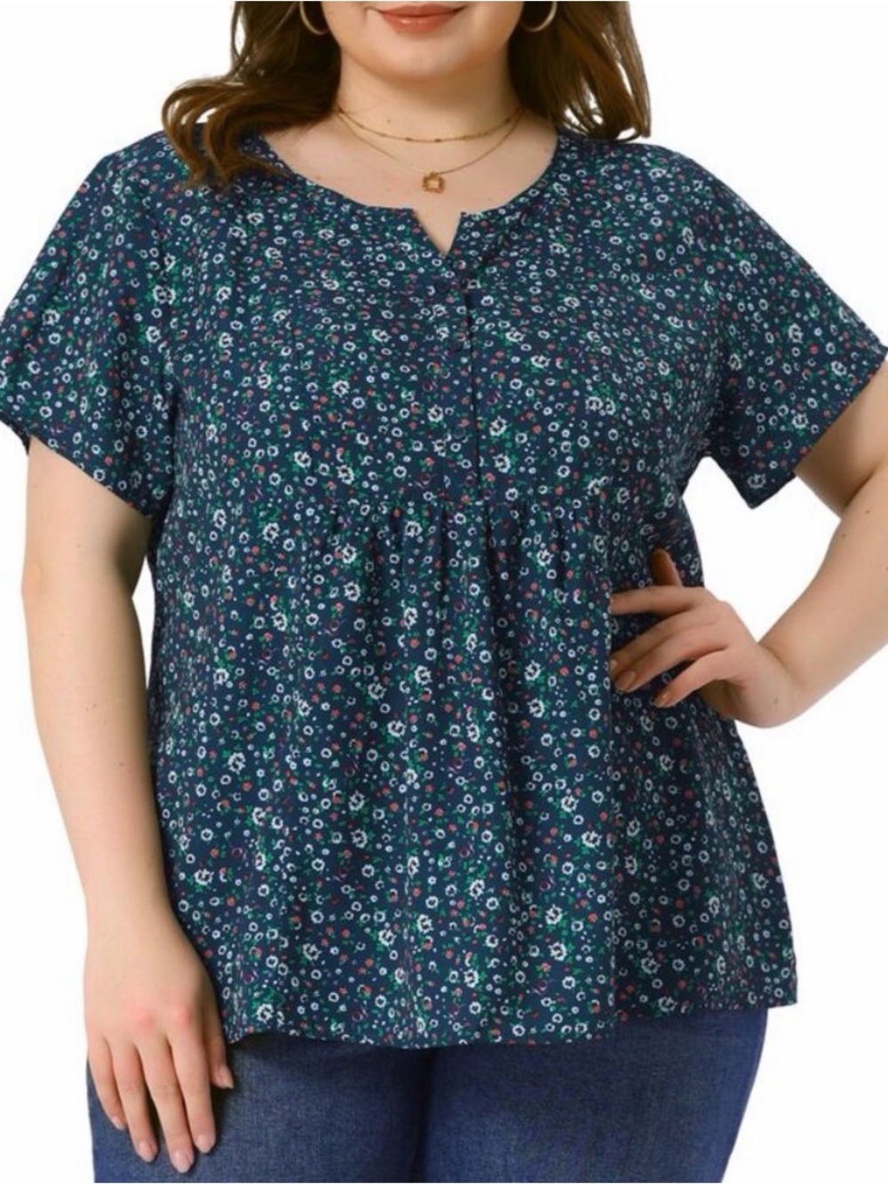 Plus Floral Split-Neck Top in Teal